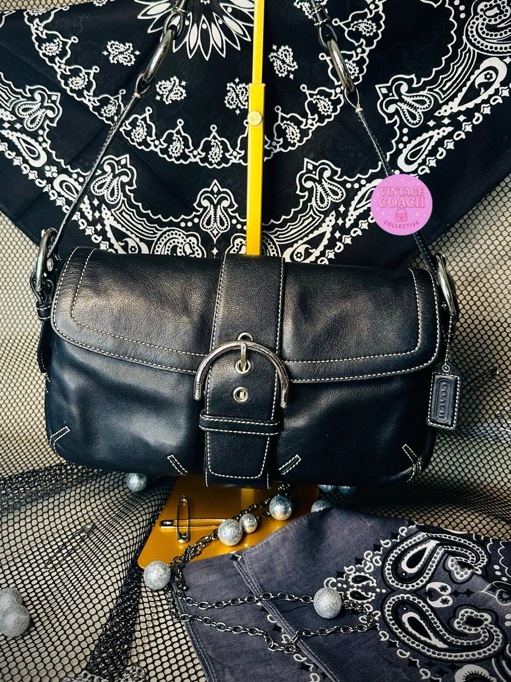 Large black leather double pocket soho coach